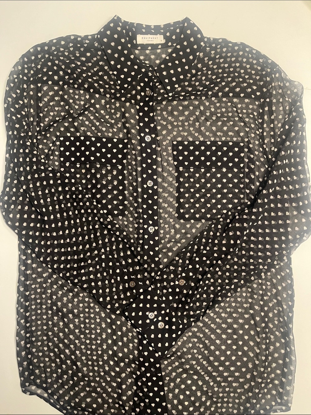 Equipment Black Sheer Button-Down Shirt with White Heart Print
